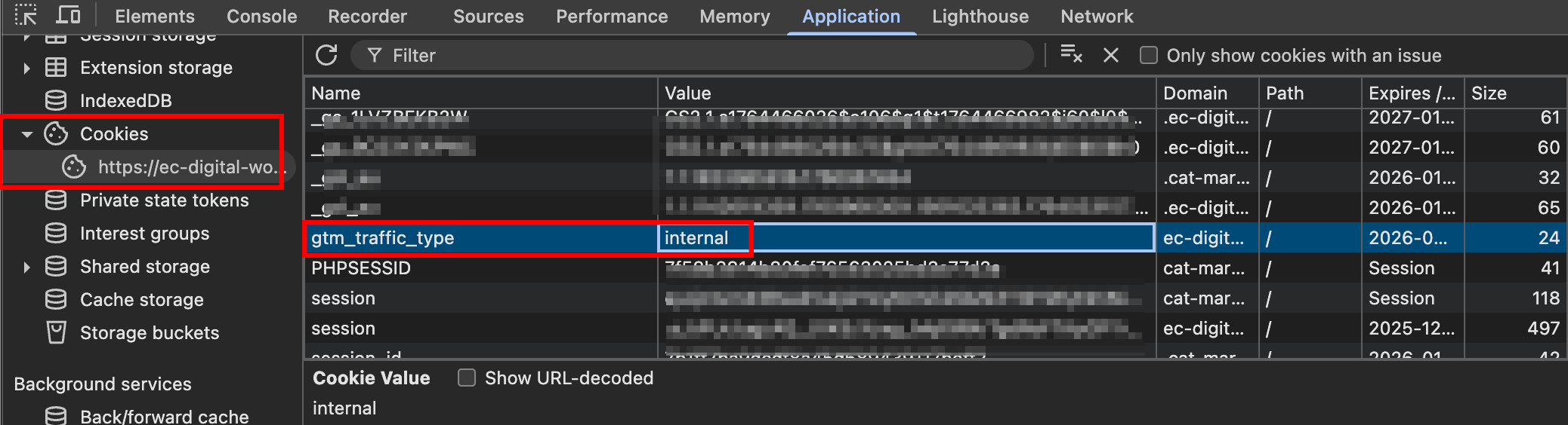 chromeの検証でcookieを確認